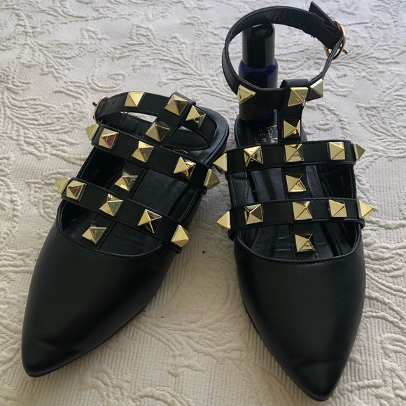 Nicole Miller Shoes - Nicole Miller Black Tulum Gold Studded Ankle Strap Pointed Flat Loafers